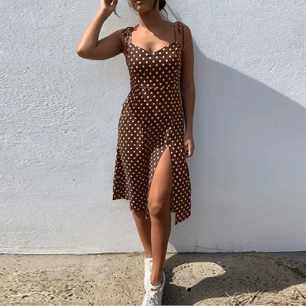 Kittenish Brown and White Slit Midi Sundress